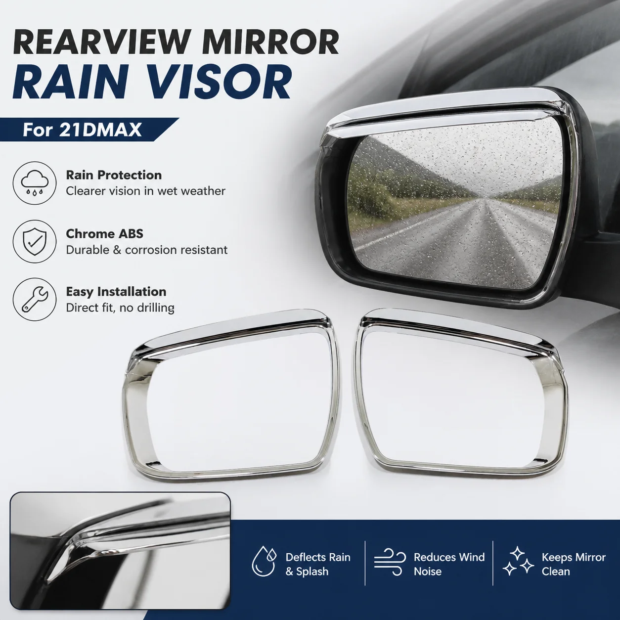 2Pcs 21DMAX Car Rearview Mirror Rain Visor, Chrome ABS
