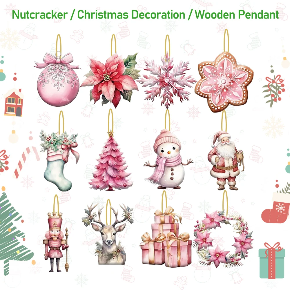 12/24Pcs Pink Christmas Wooden Ornament Noface Santa Hanging Ornament For Merry Xmas Kids New Year Gifts Wrapping Supplies