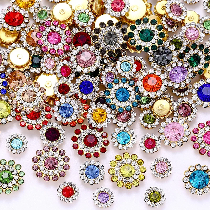 DUCRYSTAL Mehrfarbig 100 Stück/Packung 8–14 mm Strass zum Aufnähen, Dekoration, Sonnenblumen-Metallknopf, DIY-Taschen und Zubehör
