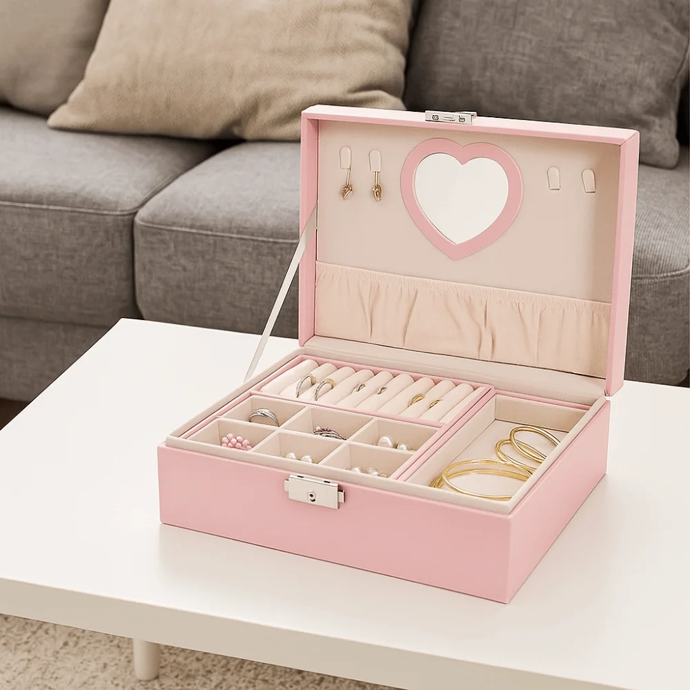Fashion PU Double Layer Jewelry Box Dustproof Lockable Jewelry Storage Box Large Capacity Cosmetics Box Earrings