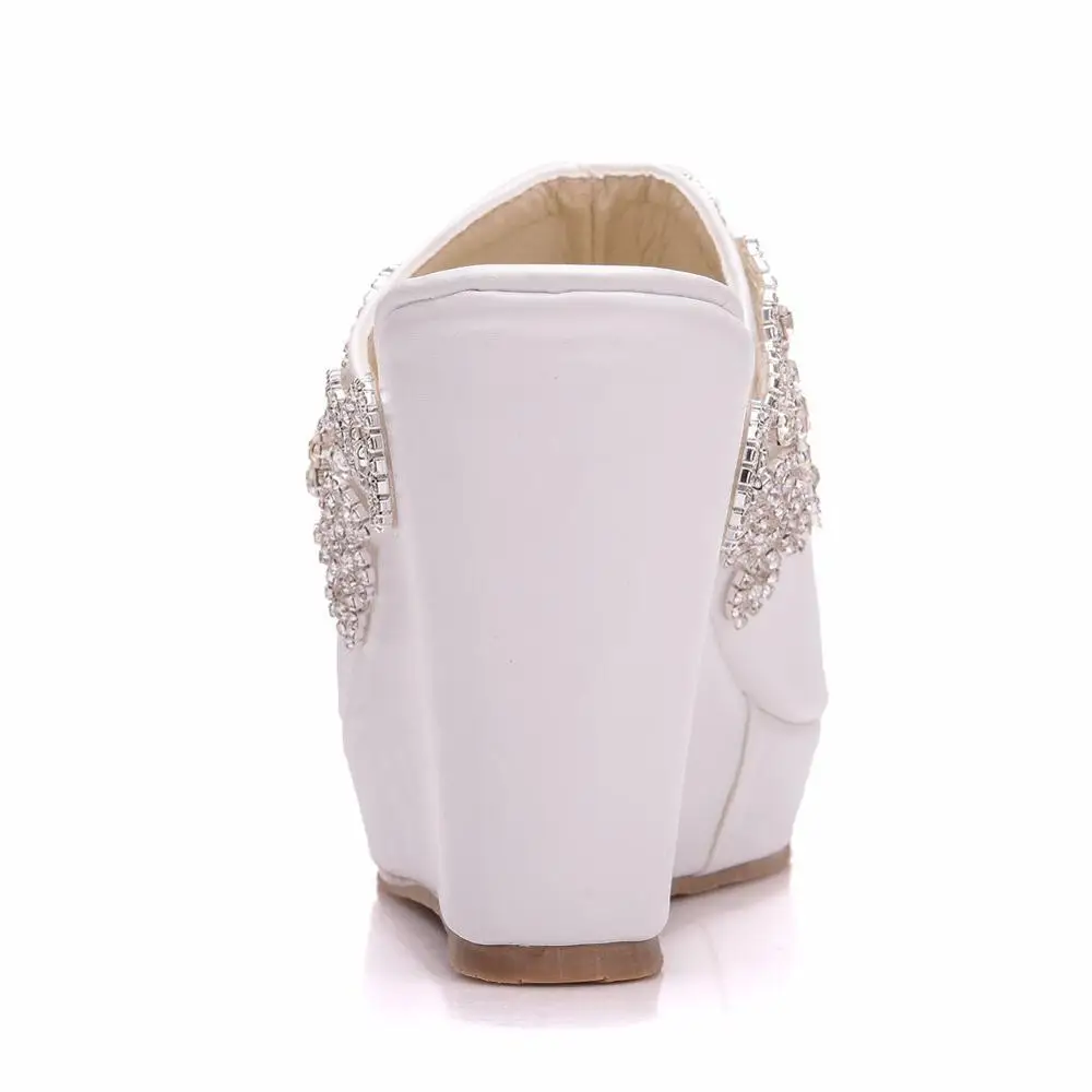 Crystal Queen Silver Rhinestone Peep Toe Platform Wedges High Heels Slippers Beach Sandals For Women Wedding Shoes