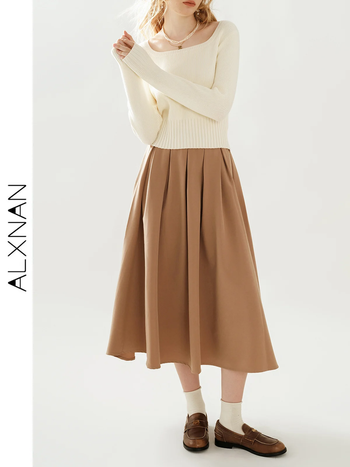 ALXNAN Casual Women's Pleated Skirt 2024 Autumn Winter New in A-line High Waist Slim Fit Midi Skirt Female Clothes TM00505