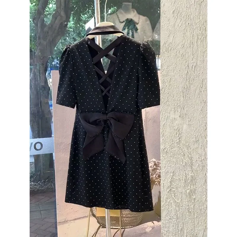 

plus Size 300 Pou Polka Dot Dr Women's Summer Knot Hollow out Ba Little Bla Dr Korean Sle A-Line Skirt