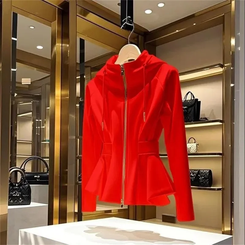 سوبر لطيفة سترة حمراء مقنعين قلنسوة بسحاب البلوز موضة النساء هوديس 2025 ربيع الخريف الكورية مراجعات العديد من ملابس الفتيات #3