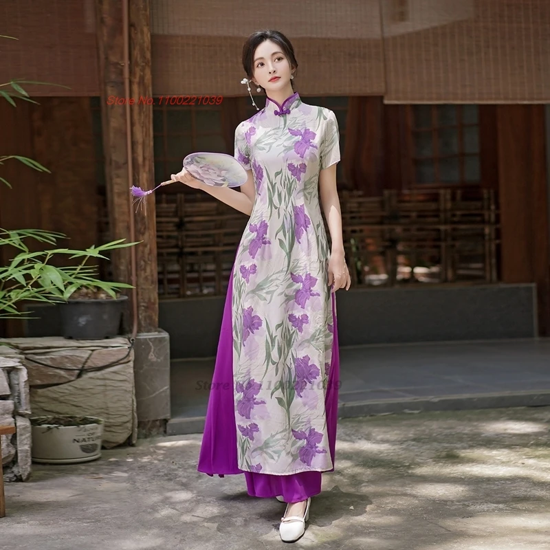 2025 vietnam traditional dress aodai national flower print cheongsam oriental improved a-line qipao banquet evening aodai dress