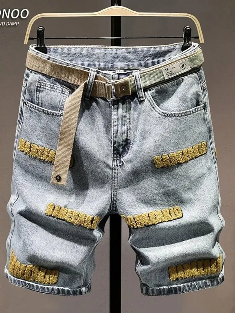 Tendência da moda verão impresso perna reta estiramento jeans masculino casual solto confortável retro esportes shorts de alta qualidade