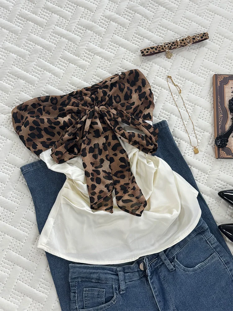 Pure Desire Y2K T-irt Women's Leopard Print Bow Tie Tube Top New 2025 Retro Vintage Sle Commute Slim Fit Cotton Blend