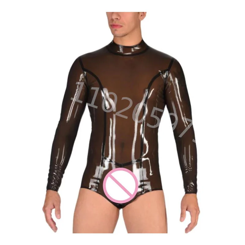 

Handmade Men Transparent Black Bodysuit Latex Rubber Catsuit with Back Zipper Custom Made Cosplay Costumes