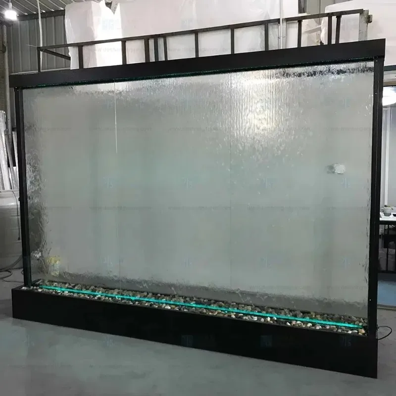 【2026】نافورة جدارية زجاجية كبيرة الحجم مع ميزات شلالات مياه داخلية من الفولاذ المقاوم للصدأ مطلية بالمسحوق لتزيين المنزل