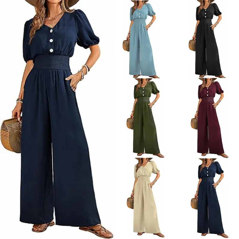 

2025 Summer Women's Jumpsuit Button Short Sleeve V-Neck Neck Shrink Jumpsuit Casual Wide Leg Pants
