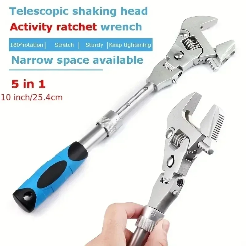 Ratcheting Wrench Universal Maintenance 180 Degree Folding 10-Inch Pulley 5 In 1 Adjustable Torque With Rotating Head Hand Tools