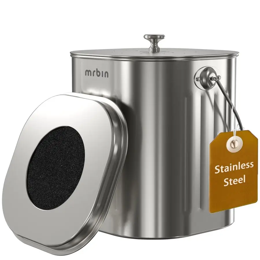 Stainless Steel Kitchen Compost Bin Countertop Trash Can with Lid and Charcoal Filter, Metal Small Indoor Rubbish Dustbin for Fo