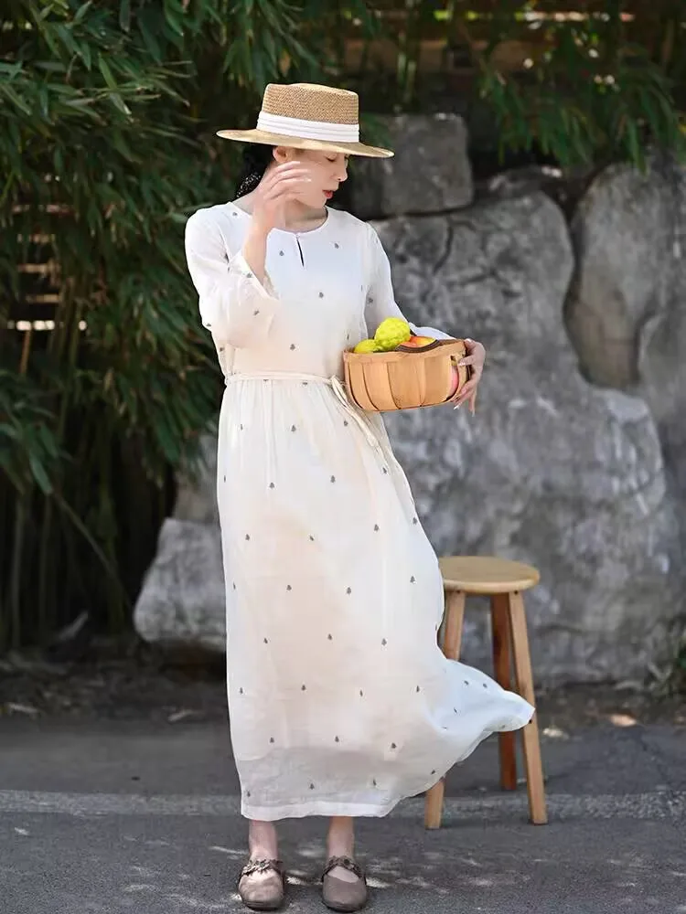 Novo verão algodão linho manga longa vestidos mulher o pescoço bordado solto impressão vestido vintage 2025 primavera confortável n667