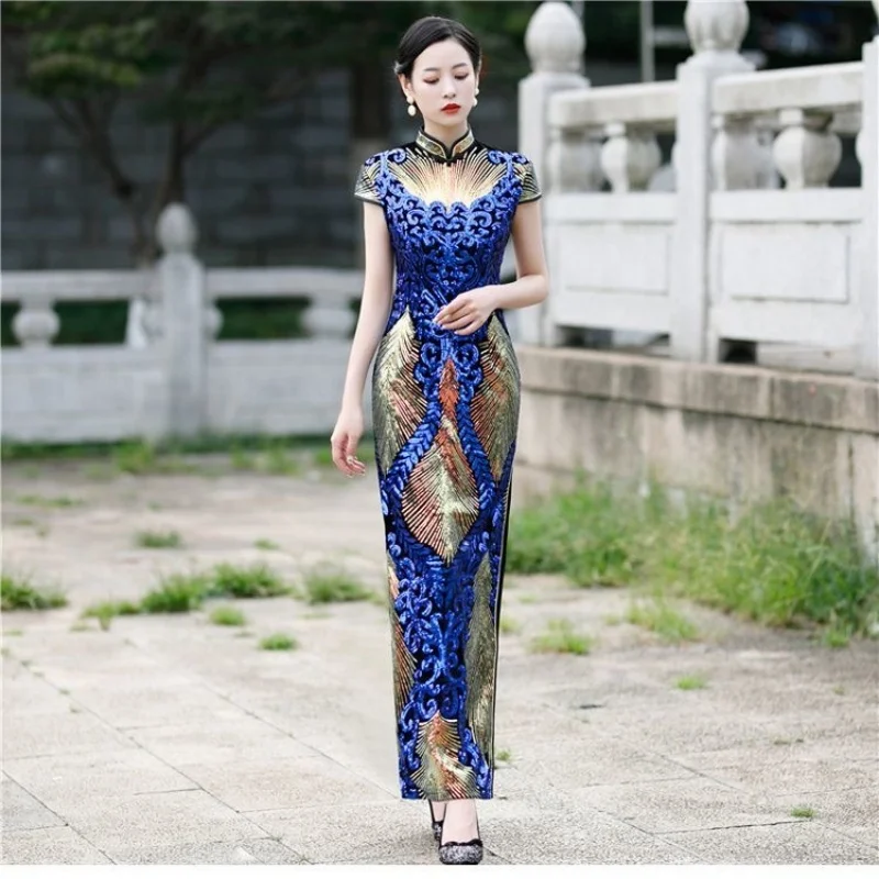 

Женское элегантное платье Aodai с коротким рукавом, восточная вечеринка, вечернее платье Cheongsam для выступлений, танцев, вьетнамская одежда