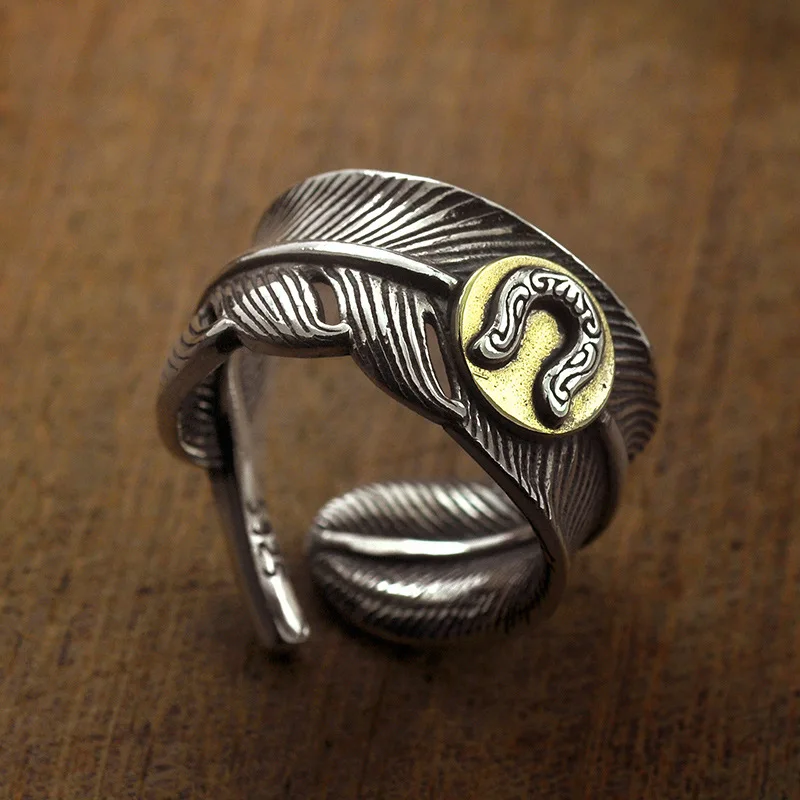 

Thai Silver Horseshoe Open Ring Art Retro Feather Male Female Adjustable Finger Silver Ring Single