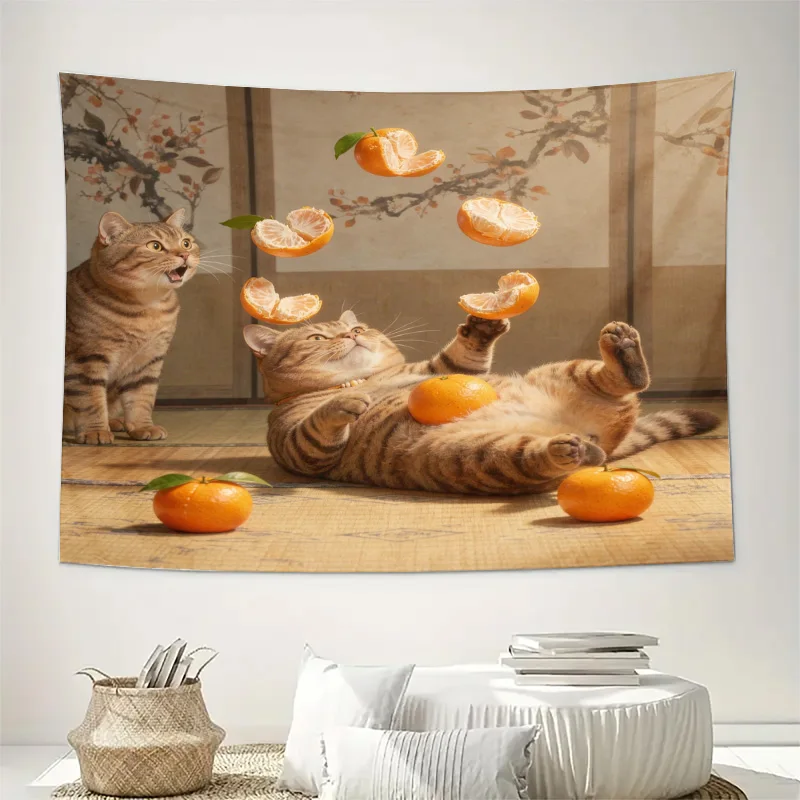 Cozy Cat Orange Slice Tapestry Wall Hanging Boho Farmhouse Citrus Fruit Art Print Home Decor Modern Kitchen Living Room Accent