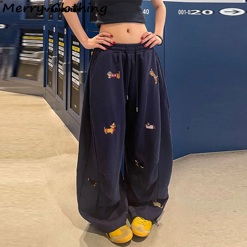 Street Style Worsthond Borduren Rechte Wijde Pijpen Joggingbroek Dames Trekkoord Taille Retro Geplooide Slanke Casual Enkelbroek