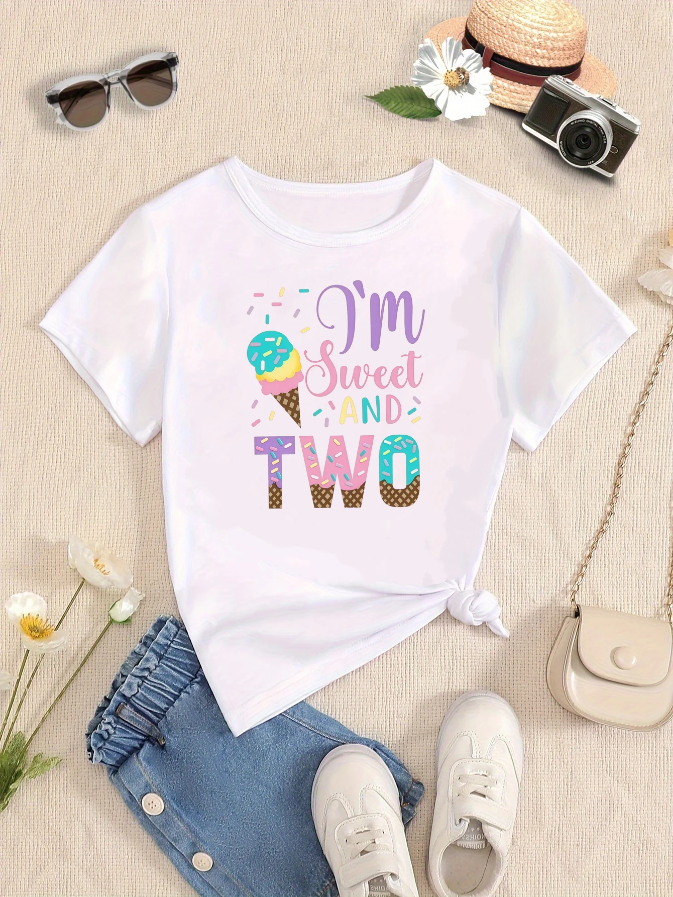 I Am Sweet And Two Ice Cream Printed T Shirt Girls 2nd Birthday Gift T-Shirt The Best Birthday Gift T-Shirt Kawaii Kids Clothes