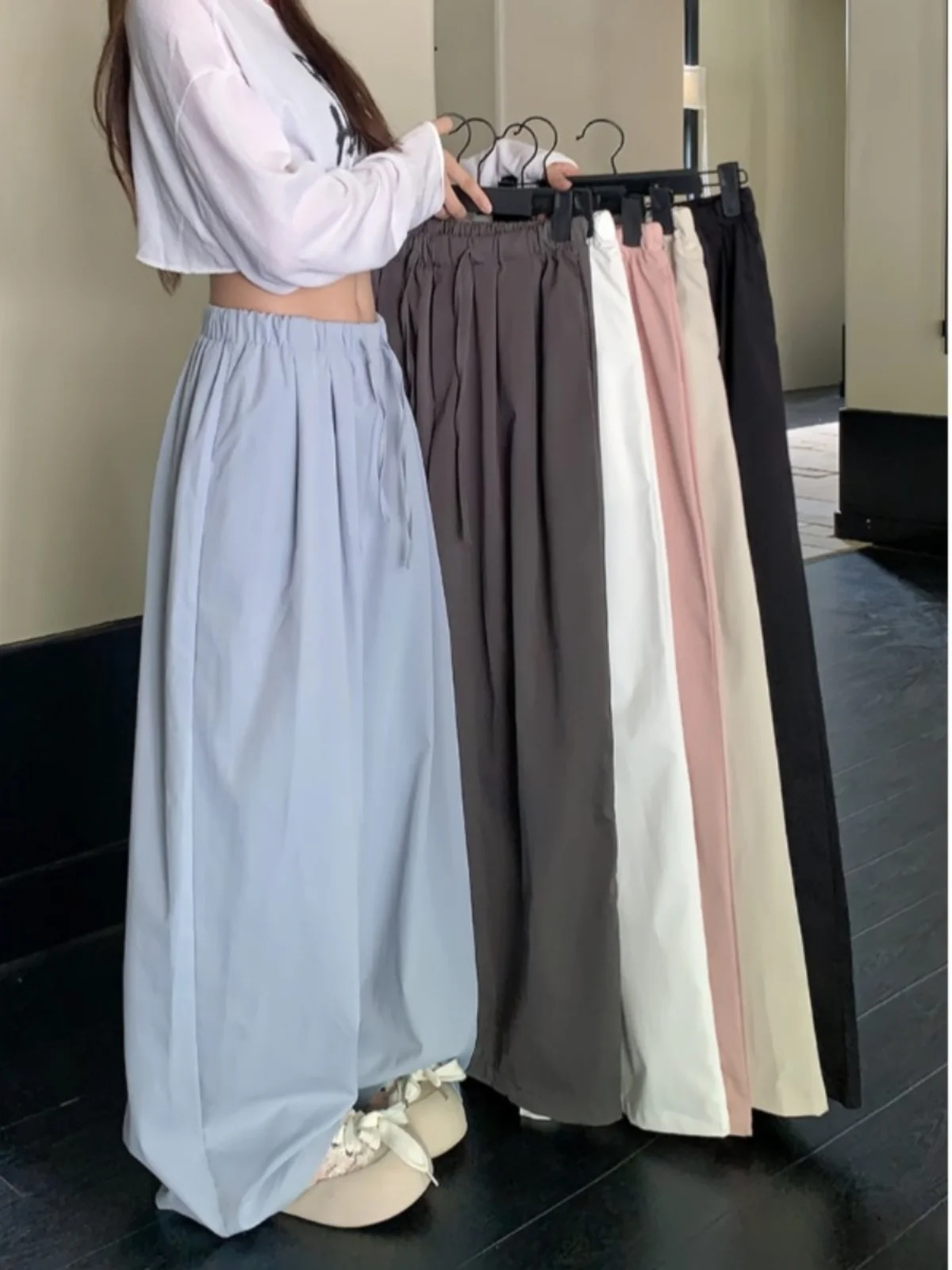 Wijde pijpen broek Vintage dames print Effen kleuren Dames zomer satijnen split Lichtgewicht trekkoorden Zoet zacht verstelbaar buiten