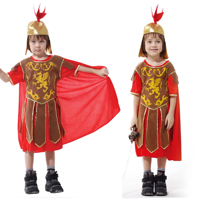 Kids Boys Royal Warrior Knight Costumes Soldier Children Medieval Roman Attached Cape Carnival Party No Weapon