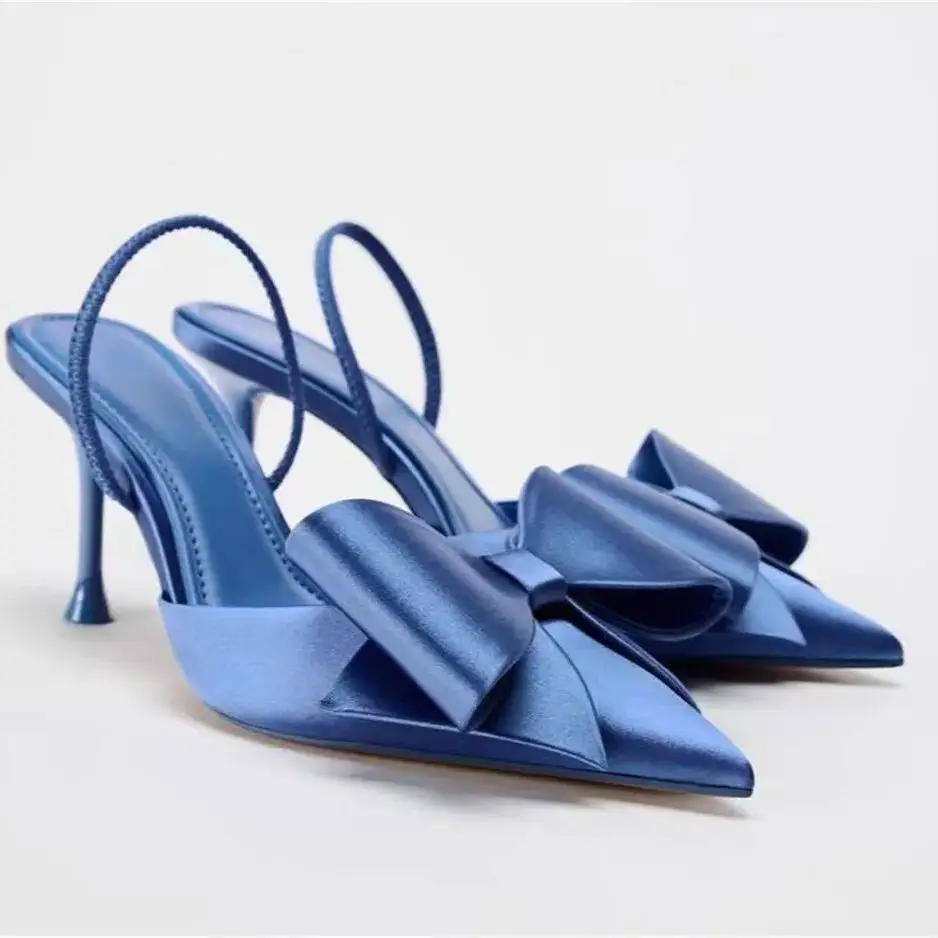 TRAF-Sandalias de tacón alto con lazo para mujer, zapatos de tacón puntiagudos azules, elegantes, para fiesta, 2024