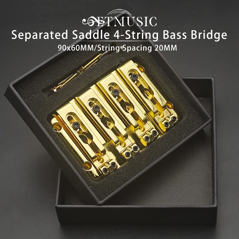 Разделенное седло, 4-струнный бас-бридж, корпус 90x60 мм, сквозное расстояние между струнами, 20 мм, фиксированный бас-бридж, черный/золотой/хром