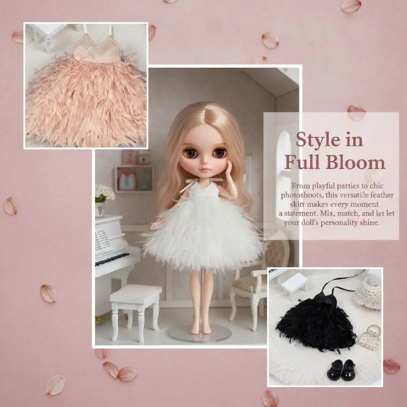 1Pcs White Feather Doll Dress Halter Lace Mini Outfit Elegant Handmade Clothes For 1/6 Doll Wedding Party Decoration
