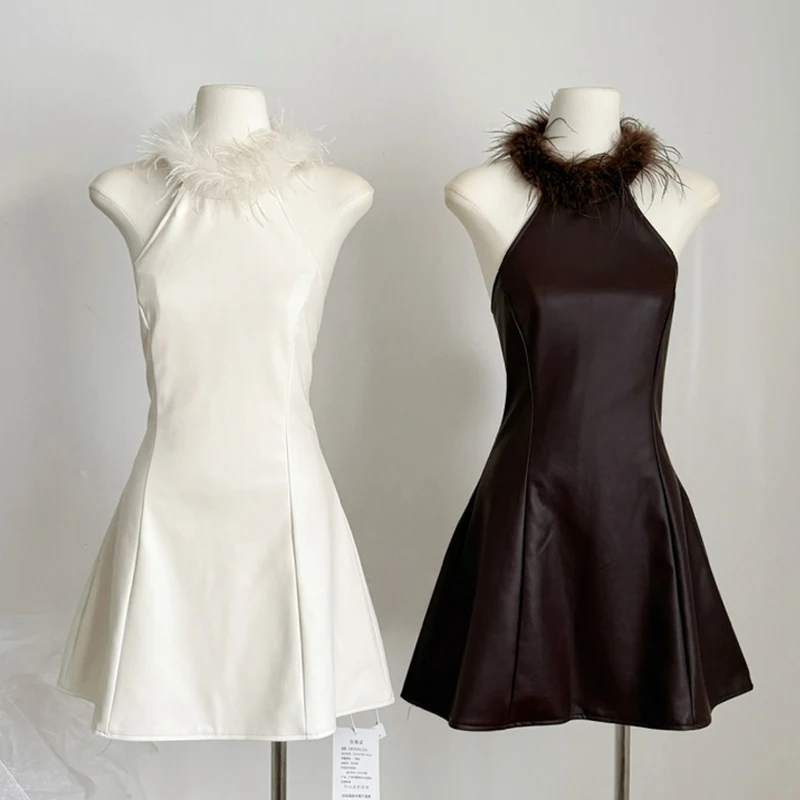 

Ostrich Fur Halter PU Dress Women Sleeveless Backless Zip-up Short Dresses Female 2026 New Fashion Sexy Party Brown Mini Dress