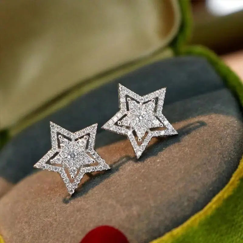 Trend Silver Color Star Crystal Stud Earrings for Women Exquisite Geometry Ear Jewelry Accessory Wholesale Girl Gift