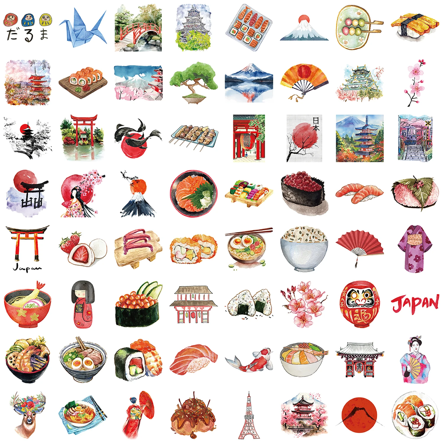 สติกเกอร์ลายอาหารสไตล์เรโทรญี่ปุ่น 64 ชิ้น วัสดุทำมืออย่างประณีต สำหรับตกแต่งเคสมือถือและแล็ปท็อป