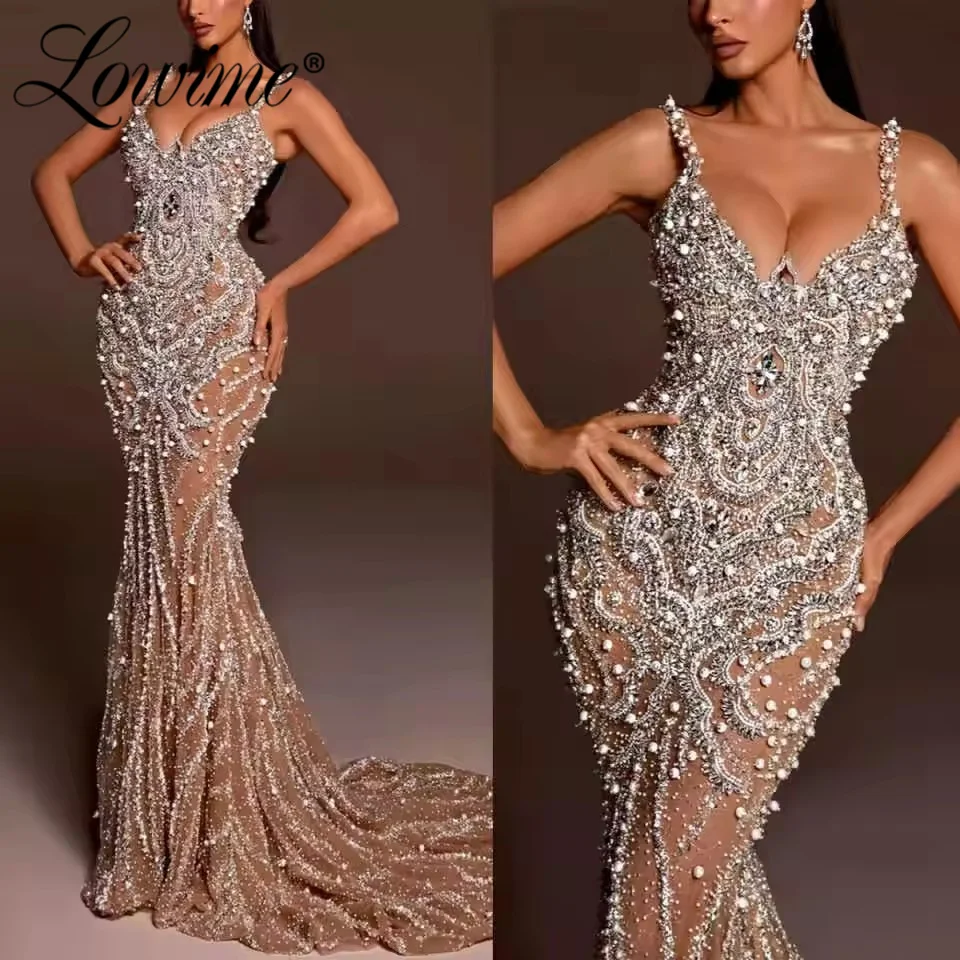 

Dark Champagne Long Prom Dresses Customized Pearls Crystal Mermaid Evening Gowns Spaghetti Straps Celebrity Party Dress 2025