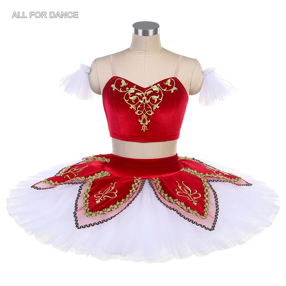 BLL592 Pre-Professional Ballet Dance Tutu Costume Red Velvet Bodice with Gold Trim Performance Costumes Girls Dancing Dress