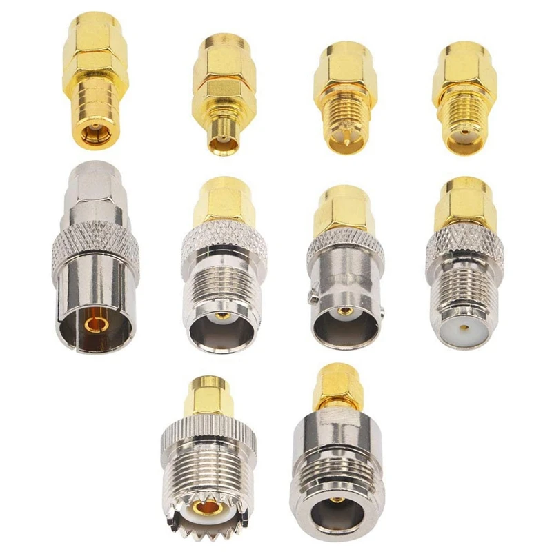 10 Type Set SMA Adapter Kits SMA Male To N/F/BNC/UHF/MCX/SMB/TV/TNC Female Straight Nickel Gold Plated Test Converter