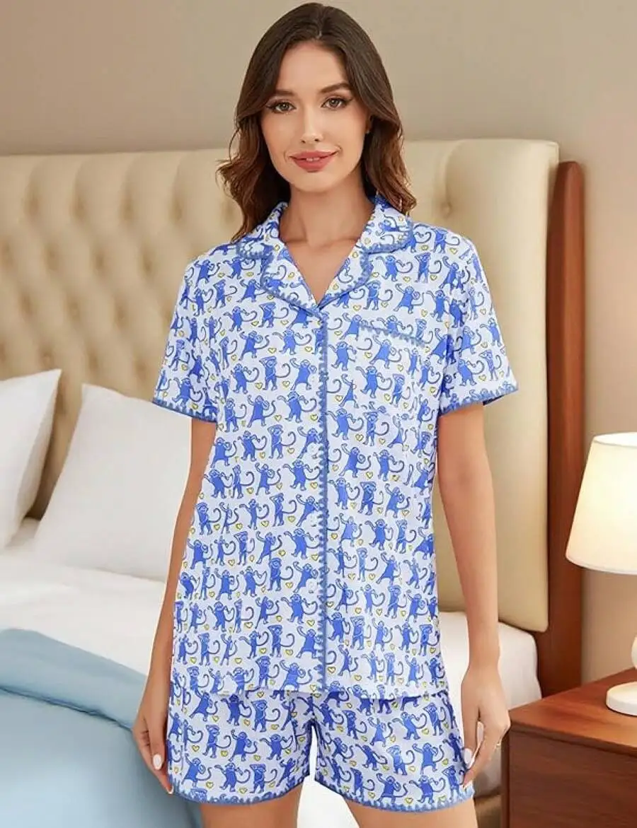 Womens Short Sleeve Button Down Pajama Set With Pocket Soft Lounge Sleepwear