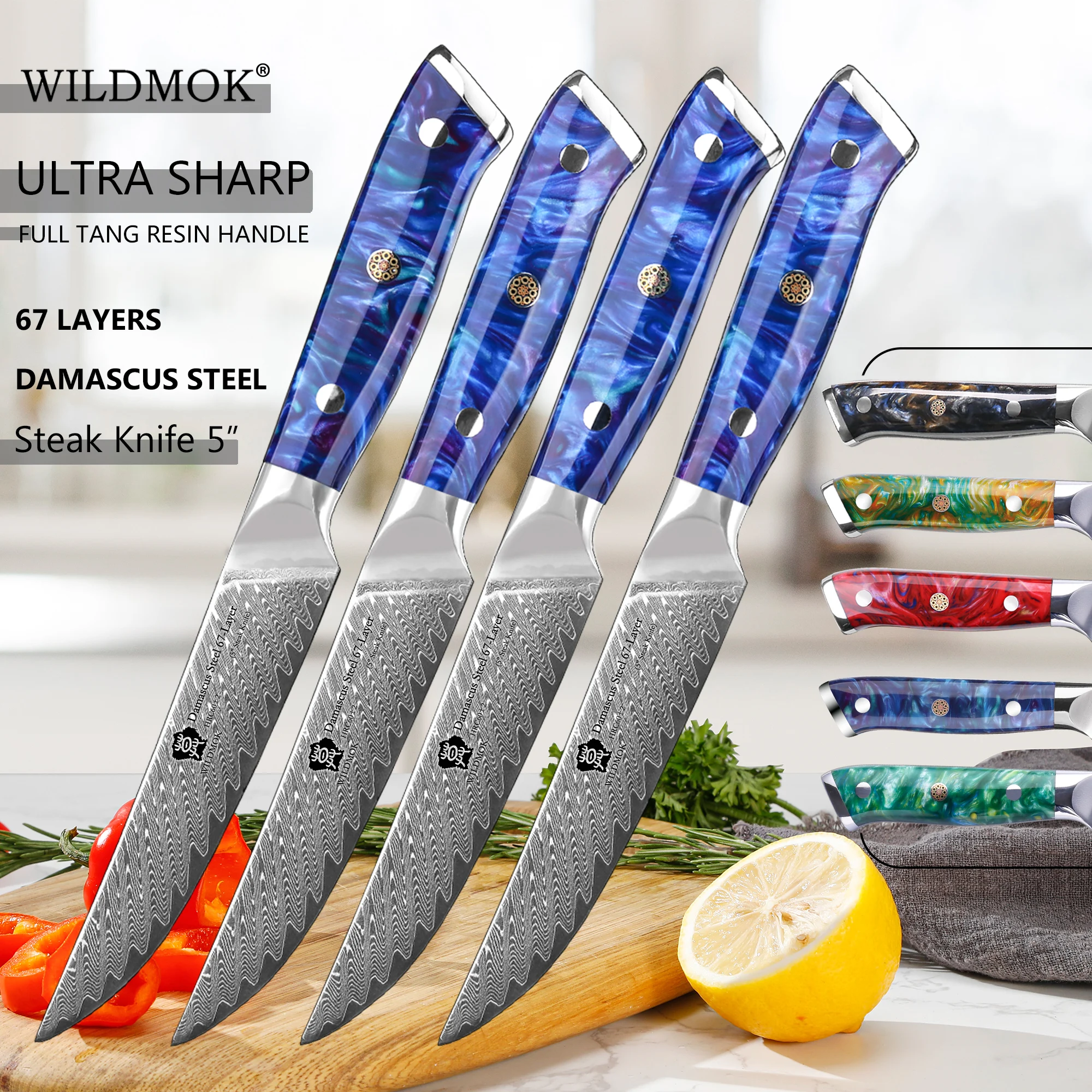 

WILDMOK Japanese Damascus VG10 Steel Steak Knives, 5" Non Serrated Steak Knife Set of 4 - Full Tang Resin Handle