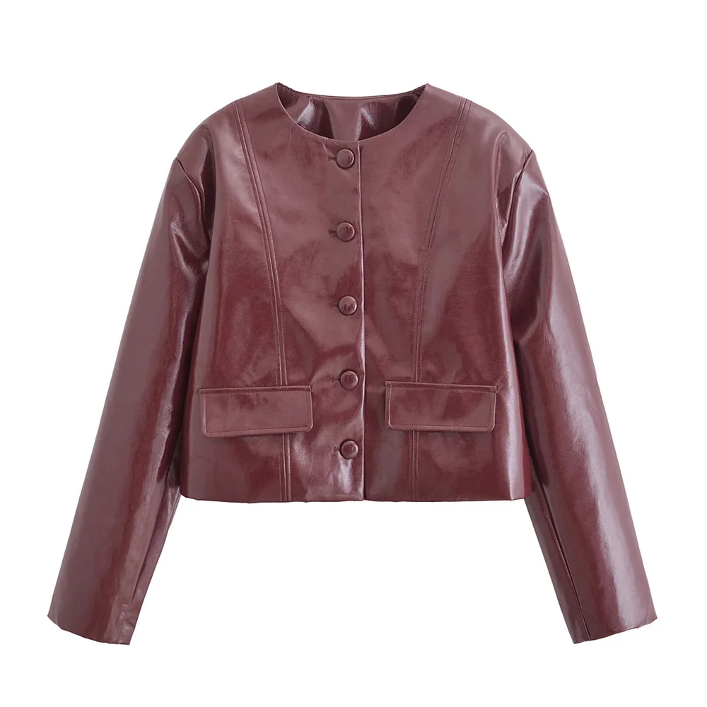 Veste en cuir à col rond pour femme, manches longues, simple boutonnage, décontracté, automne et hiver, ummy ZARA, nouveau