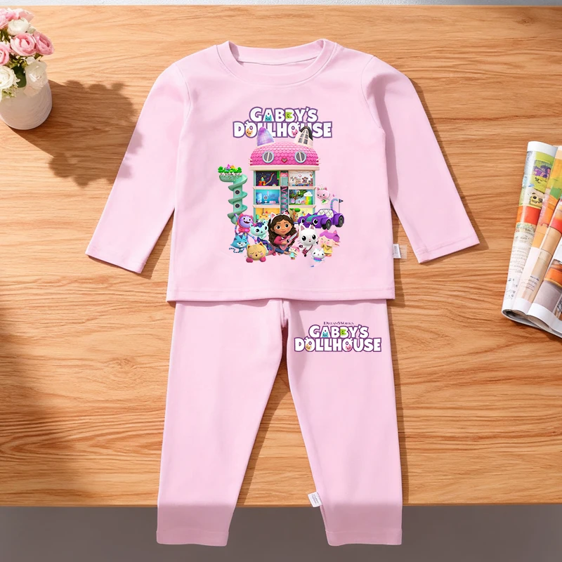 2PCS 개비 인형 집 어린이 잠옷 세트 애니메이션 인쇄 피규어 가을 겨울 따뜻한 셔츠 탑 소년 소녀 어린이 옷 Nightshirt