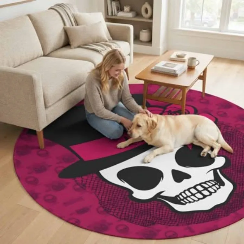 Circular Salon Rug Gothic Rock Theme Retro Somber Palette Doodles Pattern Non Slip Ground Blanket for Gaming Room Decor