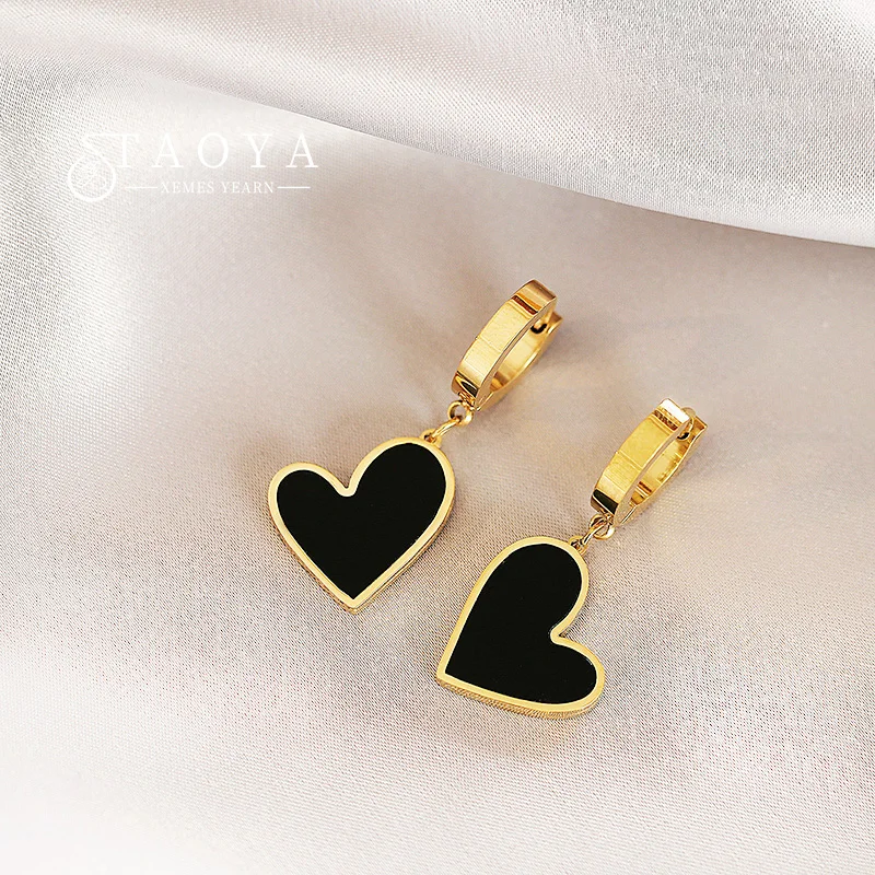 Classic Black Peach Heart Pendant Design Stainless steel Gold Color Earrings 2023 Fashion Jewelry Party Women's Set Accessories