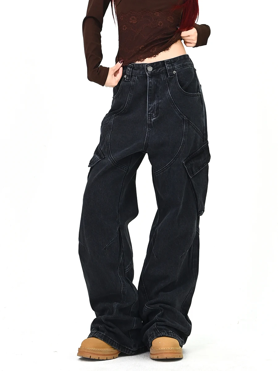 

Convenient Multi-ket Loose Women's Jeans American Retro Wide Leg Pants Trouser Relaxed Fit l Waist Zipper Closure