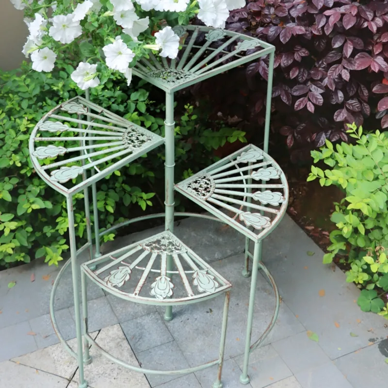 

Vintage Rotating Iron Plant Stand Outdoor Patio Terrace Greenery Shelves Multi-tiered Planter Shelf Retro Balcony Garden Rack