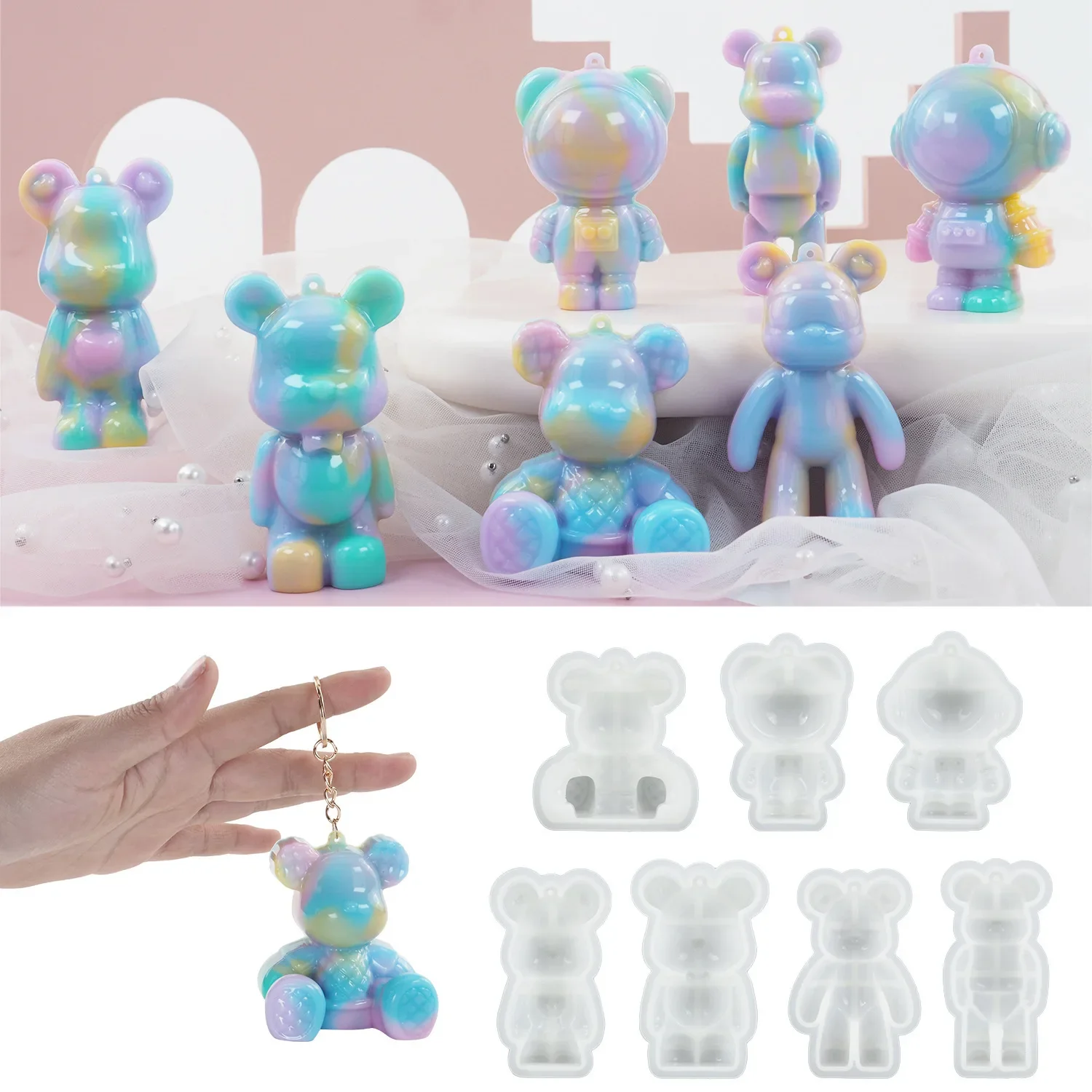 

DIY кристаллическая форма для эпоксидной смолы 3D маленький медвежонок брелок для ключей с отверстием кулон силиконовая форма кровавый розовый медведь