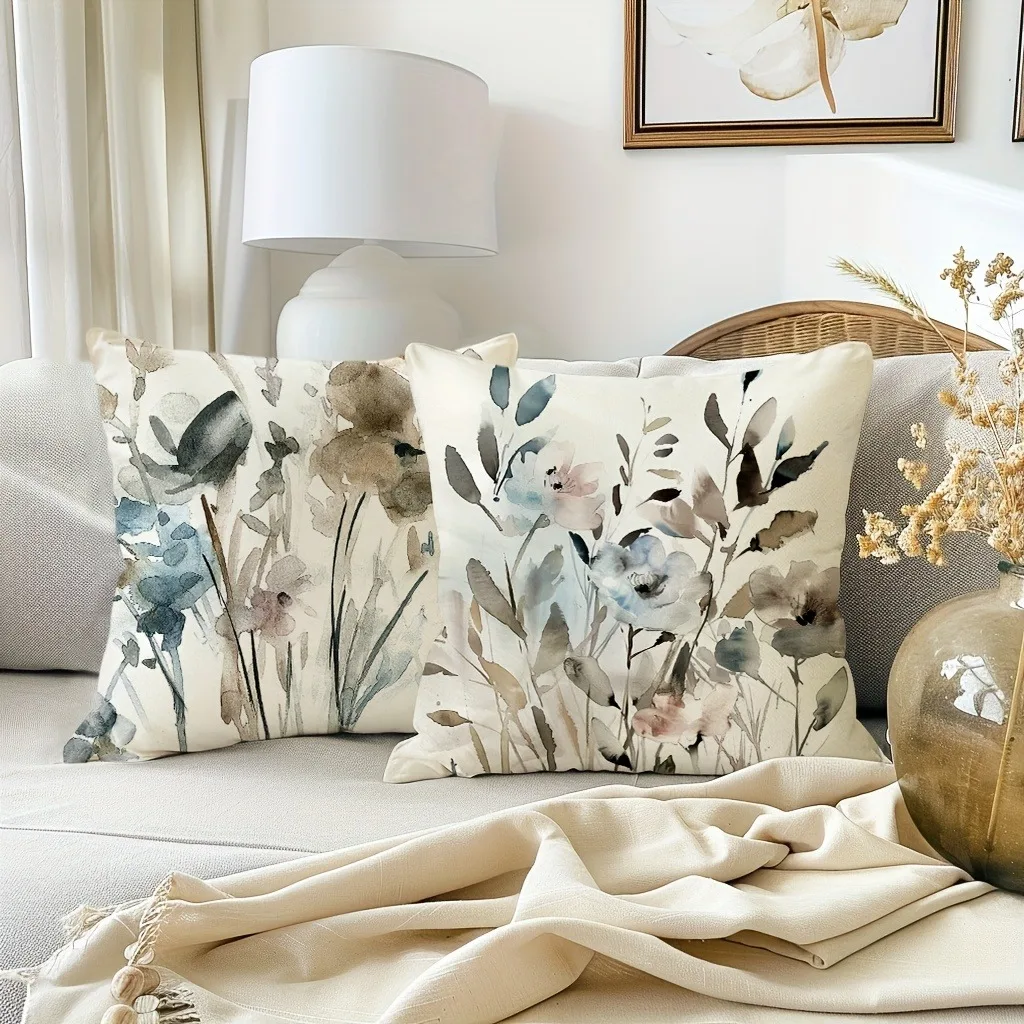 Neutral watercolor floral pattern printing pillowcase living room sofa cushion cover home bedroom room decoration 45x45cm