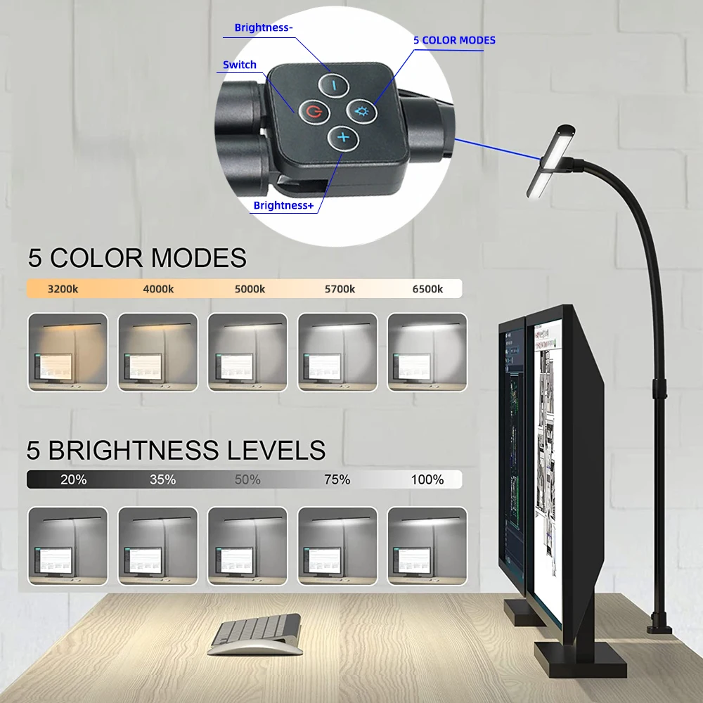 Imagem -02 - Led Cabeça Dupla Lâmpada de Mesa Leitura 24w Dobrável Braço Oscilante Lâmpada Mesa com Clipe Regulável para Estação Trabalho pc Proteção para os Olhos Escritório