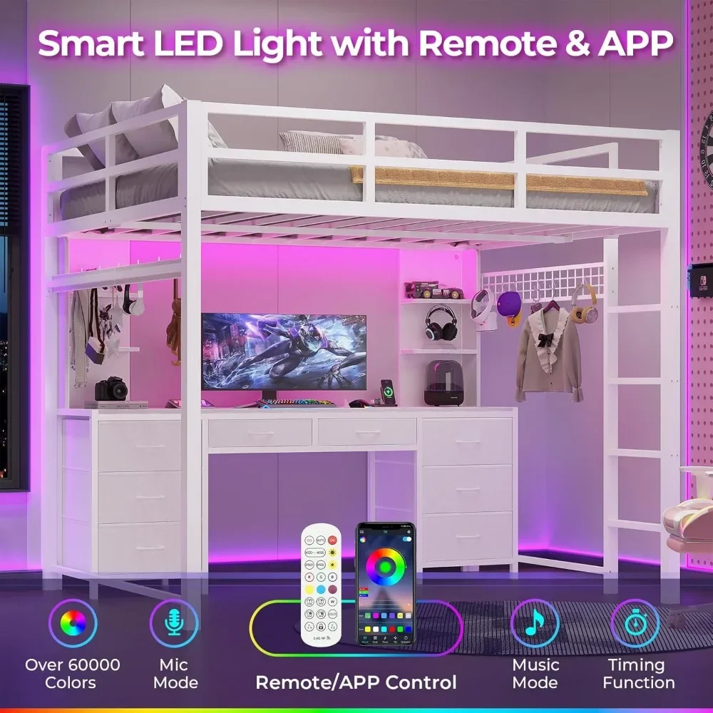 Full Size Loft Bed with Desk and 8 Storage Drawers, LED Lights & Charging Sation, 6 Storage Shelves, Heavy Duty LED Loft Beds image 4