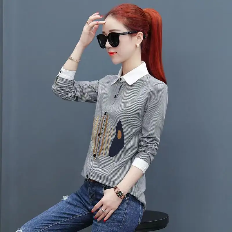 Casual gestreept lang Sve dames irt lente losse pasvorm halflange kraag knoopsluiting katoenmix geborduurd