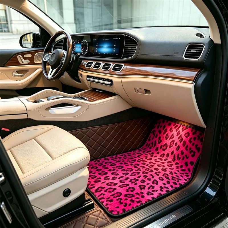 Pink Leopard Animal Print Car Floor Mats Non-Slip Carpets Rugs Front & Rear Car Foot Mats Set of 4 Pieces Auto Accessories Decor