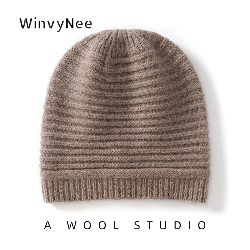 WinvyNee Women’s Pure Wool Horizontal Grid Pattern Slouchy Knit Hat Soft Warm Versatile Stylish Headwear Spring Autumn ZI1883032