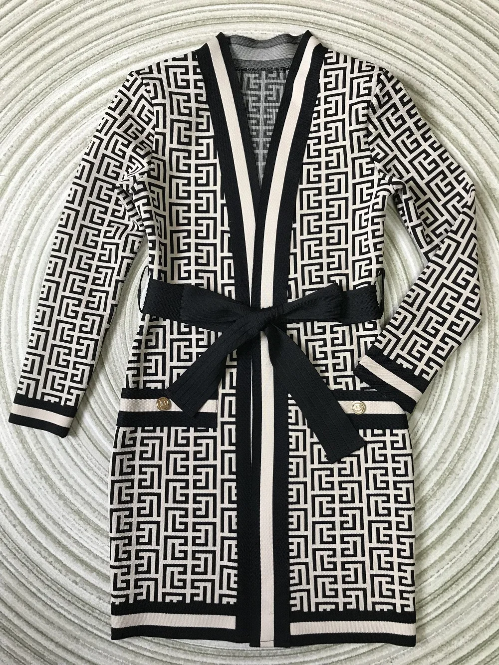 2023 High Quality Bandage Jacquard Jacket Classic New Long Sleeve Fashion Nude Belt Party Celebrity Nightclub Vestidos Dobanmbd