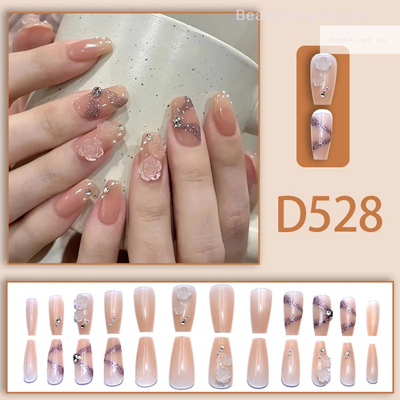 

24Pcs Fashion Sweet Crystal Camellia Press On Square Head Removable Fake Nails With Glue Artificial Removable False Nails